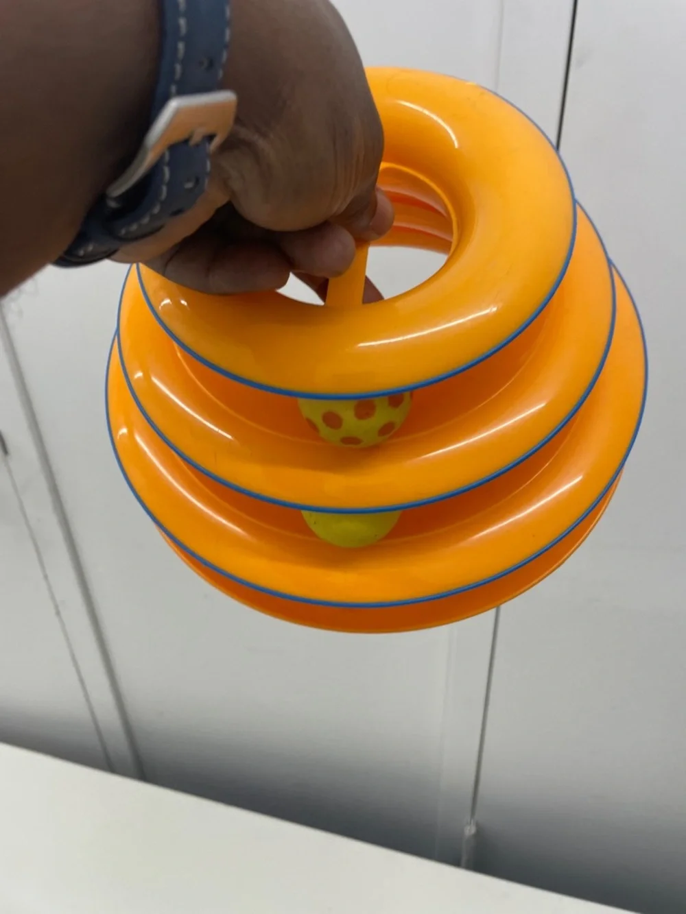 Petstages tower of tracks Bright Orange Stacking Ring Toy with Blue Trim Cat Toy